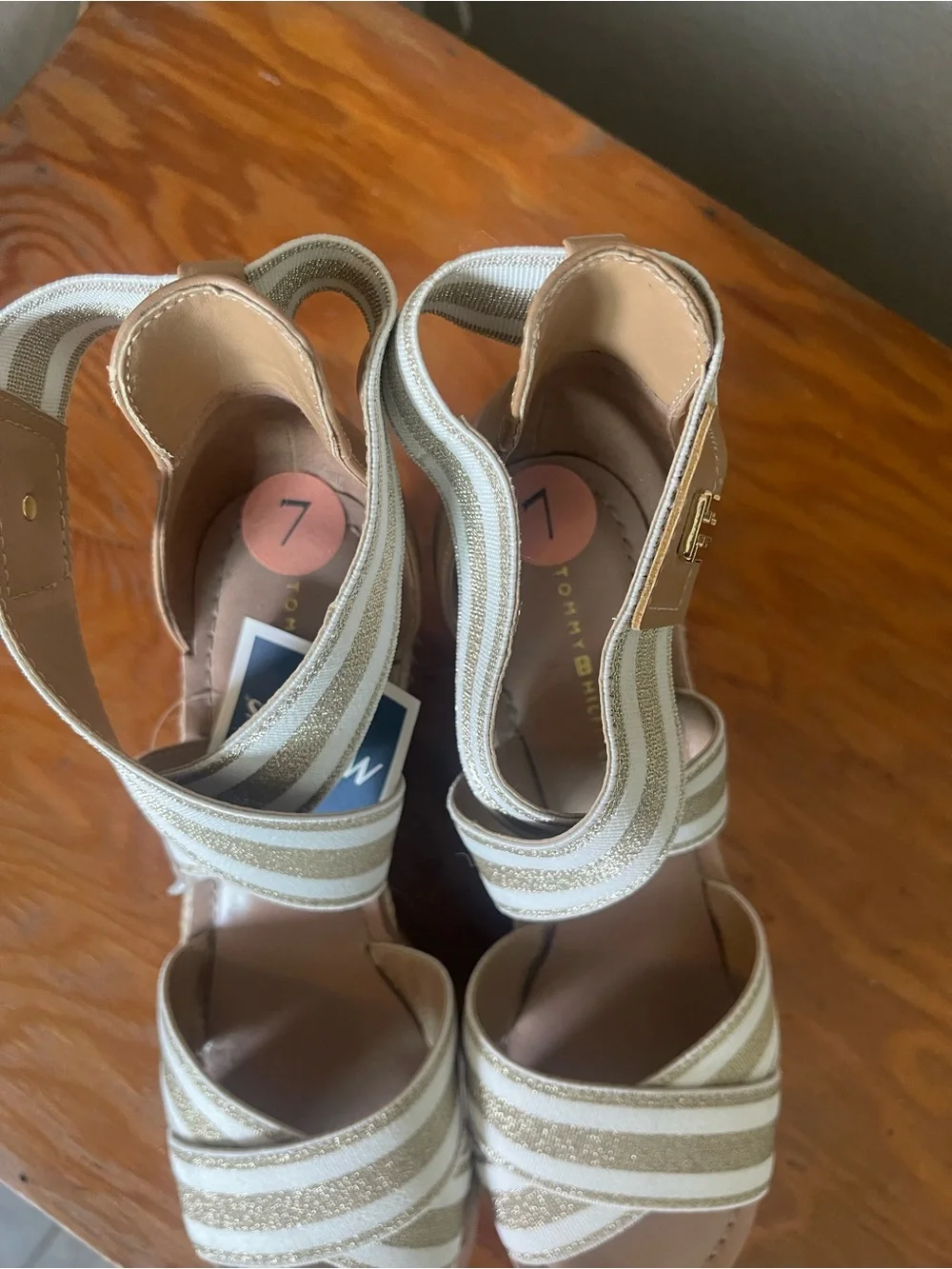 Tommy Hilfiger Tan and White Striped Wedge Espadrilles